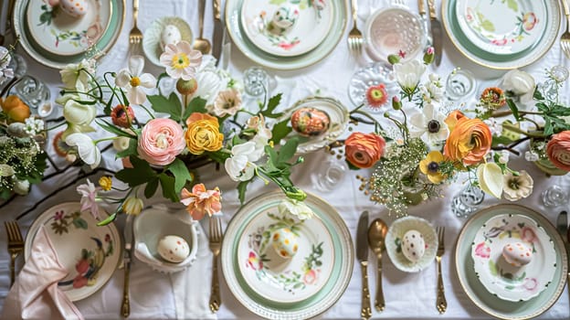 Easter tablescape decoration, floral holiday table decor for family celebration, spring flowers, Easter eggs, Easter bunny and vintage dinnerware, English country and home styling