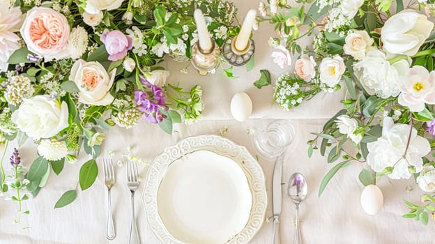 Easter tablescape decoration, floral holiday table decor for family celebration, spring flowers, Easter eggs, Easter bunny and vintage dinnerware, English country and home styling