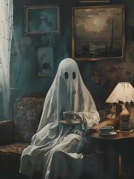 In a dark room, a ghost is sitting on a couch holding a cup of coffee. A picture frame hangs on the wall, displaying a sleeve of art