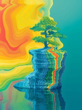 A vibrant painting of a tree on a rock surrounded by liquid aqua, creating an electric blue world in this natural landscape art piece