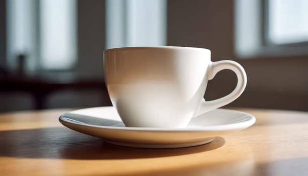 A hot cup of coffee on a saucer, set against a white background, casting a subtle shadow