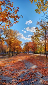 Crisp autumn leaves line the walkways of a park, with clear skies above and a vibrant display of fall colors from the surrounding trees.