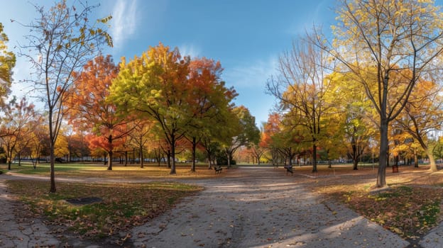 A wide pathway curves through an autumn-clad park, surrounded by a mosaic of warm-colored leaves and the soft light of an early fall day.