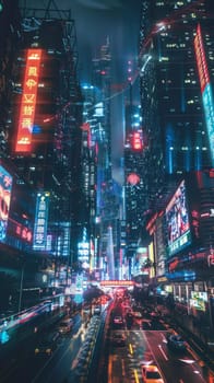 The pulse of a futuristic city at night, bathed in neon pinks and blues, with busy streets lined by towering skyscrapers and glowing billboards.