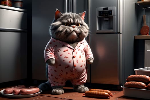 fat cat near the refrigerator with sausages and sausages, eats at night .