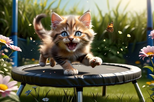 happy positive kitten jumping on a large trampoline, happy childhood .