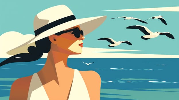 Traveling in style relaxing on the beach with seagulls and sunshine, fashionable woman in hat and sunglasses