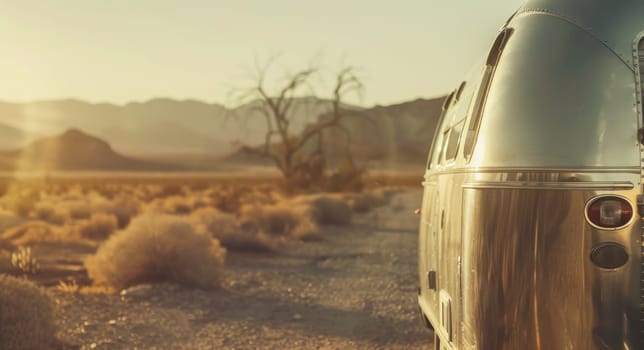 Desert adventure airstream trailer at sunset with mountains in the background