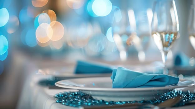 Elegant table setting with blue napkin and wine glasses on white tablecloth for fine dining event