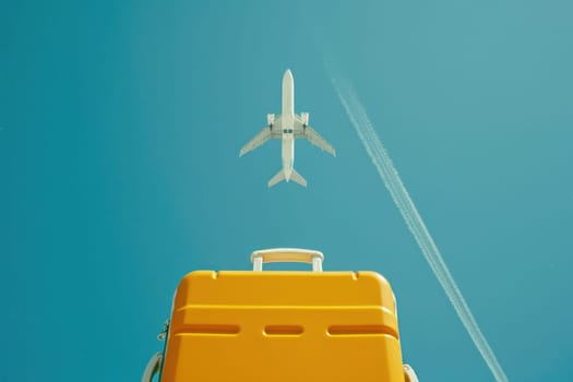 Travel concept featuring suitcase and airplane flying in clear blue sky for business or leisure trip adventure and exploration