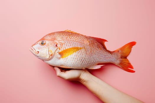 Hand holding red fish on pastel pink background, conceptual image for beauty and art theme