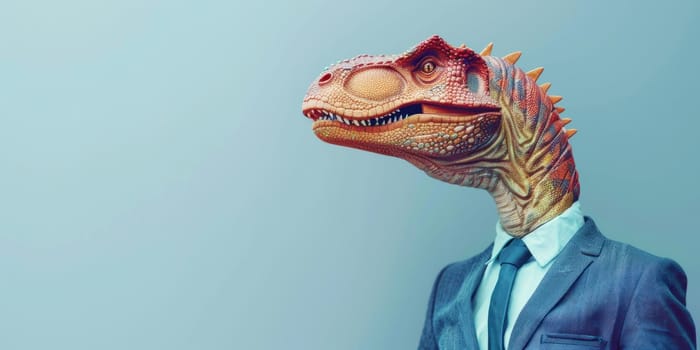 Stylish dinosaur in business attire on blue background with space for text fashionable business trip concept