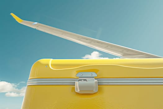 Yellow suitcase on side of airplane wing travel and adventure concept with fashionable luggage