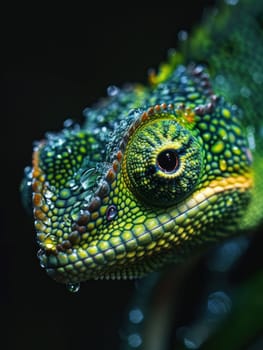 Wildlife stunning closeup portrait of colorful chameleon face adorned with glistening water droplets