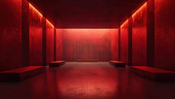 Empty room with red walls, benches, and a light bulb a modern and stylish interpretation of art and design