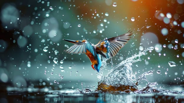 Kingfisher flying through the air with water droplets falling, beauty of nature and wildlife concept