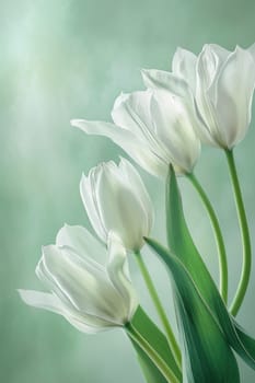 Spring blooms beautiful white tulips on vibrant green background with space for text, nature, beauty, botanical, floral, gardening