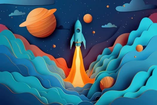 Rocket launch into the cosmic horizon among the planets in the space adventure concept