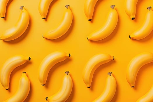 Pattern of arranged bananas on yellow background with one on top of the others for a fun and tropical art display