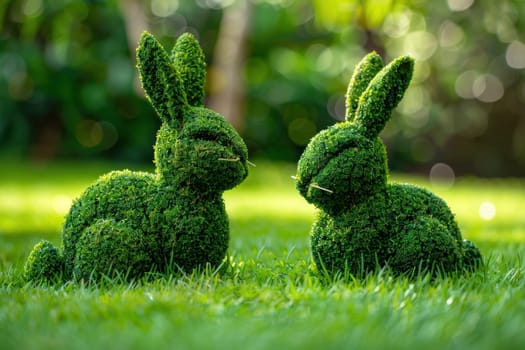 Topiary rabbits resting on green grass field in garden sculpture artwork landscape design concept