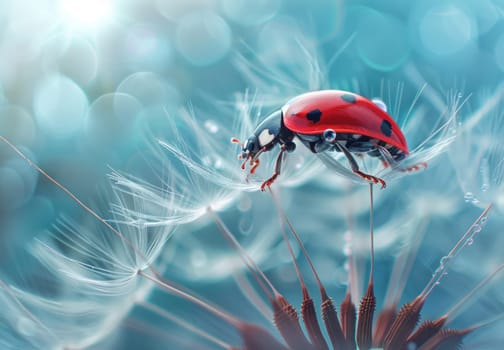 Ladybug sitting on top of dandelion in front of blue background beauty of nature and travel inspiration