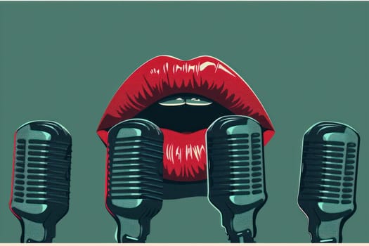 Singing lessons concept with red lips and microphones on green background for music education theme
