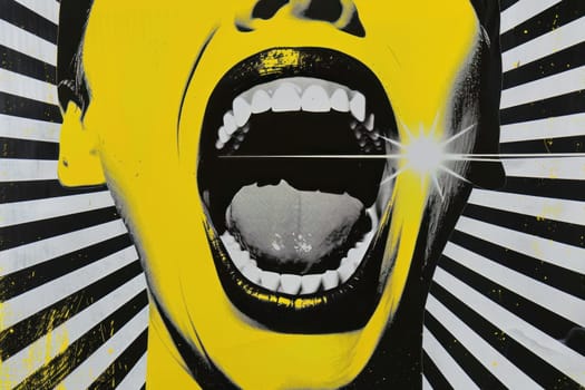 Screaming beauty woman expressing emotions on black and yellow background in artistic painting