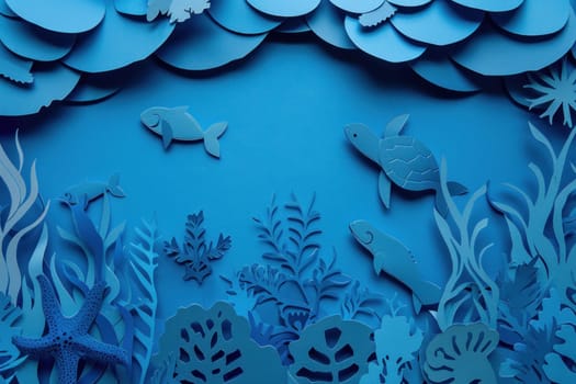 Underwater paper cutout of vibrant sea life creatures in an artistic ocean scene for travel and nature enthusiasts