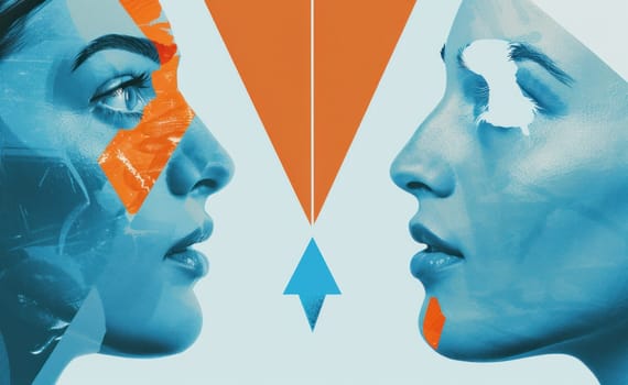 Two women facing each other with arrow pointing to side of their faces, discussing business strategy and innovation in the workplace