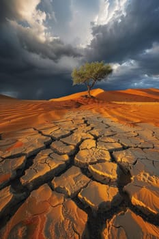 Lonely tree in the midst of a desolate landscape under stormy skies in the namib desert, namibia, africa