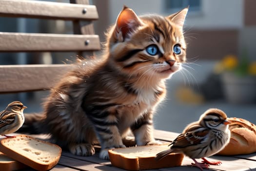 kitten and sparrow sitting on a bench on a warm day, eating bread .