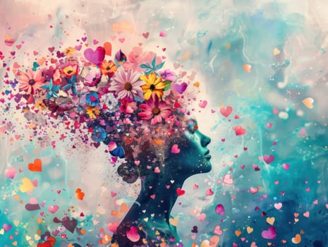 Woman with flowers in hair and hearts on head posing against colorful background beauty and creativity concept