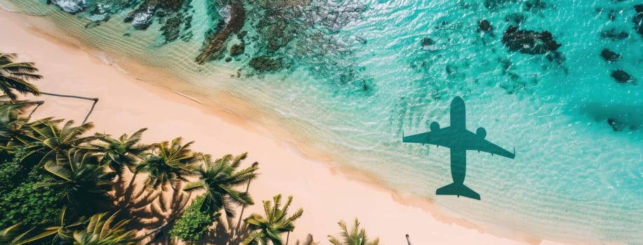 Scenic aerial view of airplane flying over tropical beach with palm trees and ocean, travel concept