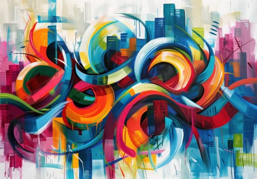 Colorful swirls and cityscape abstract painting of travel and art in business district