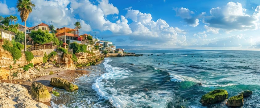 Beautiful view of the sea and houses on the rocky shoreline in israel a serene coastal escape