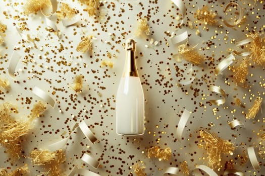 Celebratory champagne bottle with confetti and gold ribbon on white background for festive events and parties