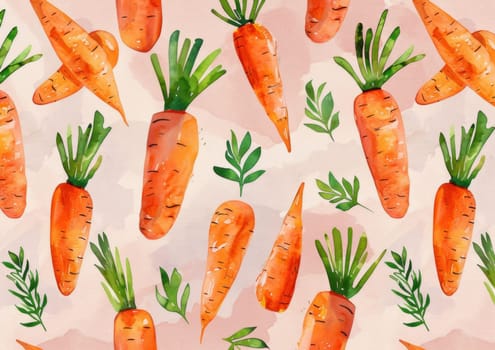 Watercolor carrots on a pink background seamless pattern illustration for kitchen decor and food blog designs