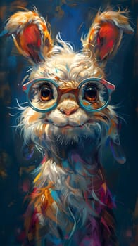 An azure painting of a fawn rabbit with whiskers and glasses, a whimsical illustration of this organisms unique features in visual arts