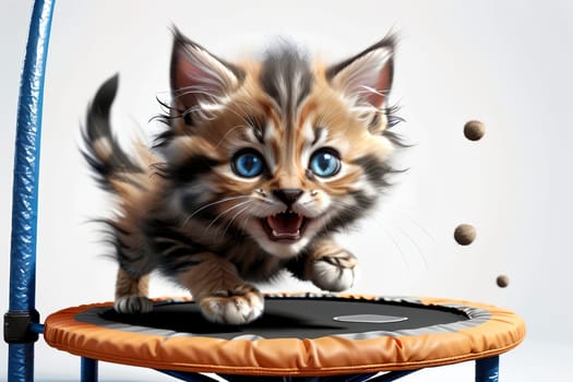 happy positive kitten jumping on a large trampoline, happy childhood .