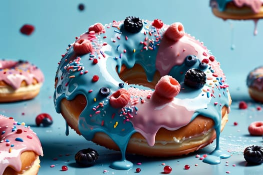 delicious bright sweet donuts with colored glaze and berries .