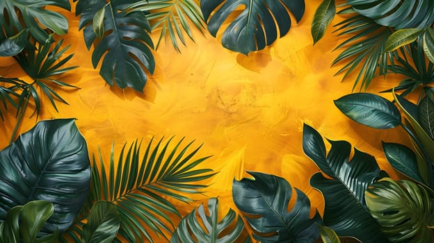 Vertebrate arecales, branch and grass within a circle of tropical leaves on a yellow background. The vibrant shades of orange create a beautiful artistic arrangement