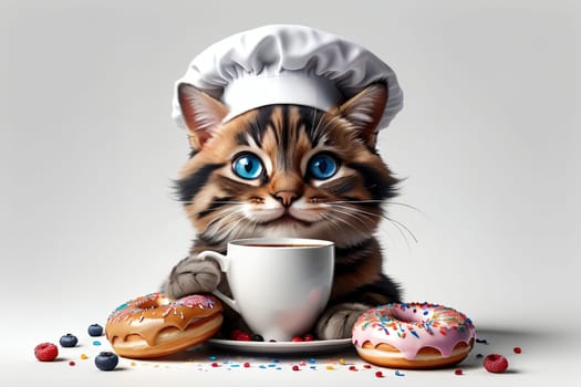 professional cat chef with colored sweet donuts, donuts in sweet glaze .