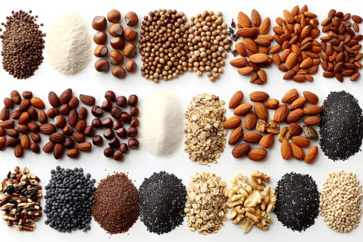 An assortment of nuts and seeds laid out on a white surface, perfect for adding crunch and flavor to various dishes. These natural foods can be used as ingredients in recipes or enjoyed as a snack