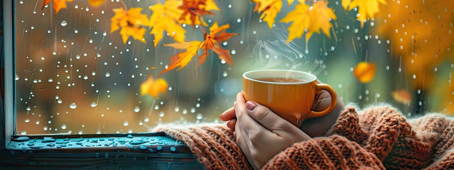 A cup of tea against the background of a wet autumn window. Selective focus. drinks.