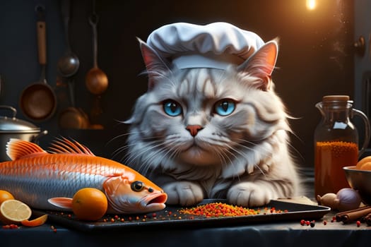 Cute cat chef preparing fish in the kitchen .
