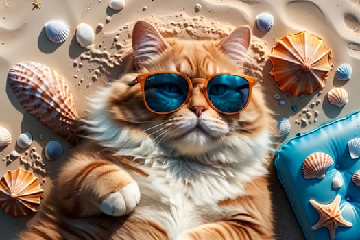 a cat in sunglasses on an air mattress sunbathing in the summer sun, top view .