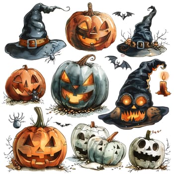 A creative display of Halloween pumpkins and witch hats on a white background, showcasing the vibrant orange colors of winter squash. A festive combination of cucurbita art and vegetable gourds