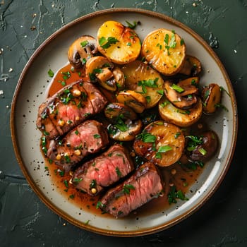 A delicious plate of food featuring steak, mushrooms, and potatoes, served on a table. This dish is a perfect combination of meat, vegetables, and starch, making it a satisfying and hearty meal