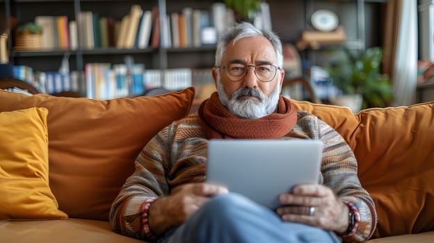 An elderly gentleman is lounging on a comfortable couch with a tablet in hand. His beard complements the plantfilled shelf behind him, creating a relaxing atmosphere for leisurely browsing