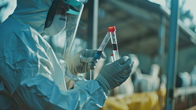 A veterinarian in a protective suit takes tests on animals on a farm. Selective focus. animal.